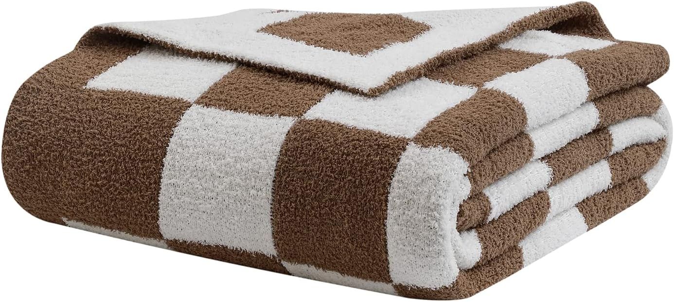 Mocha and White Knitted Checkerboard Throw Blanket