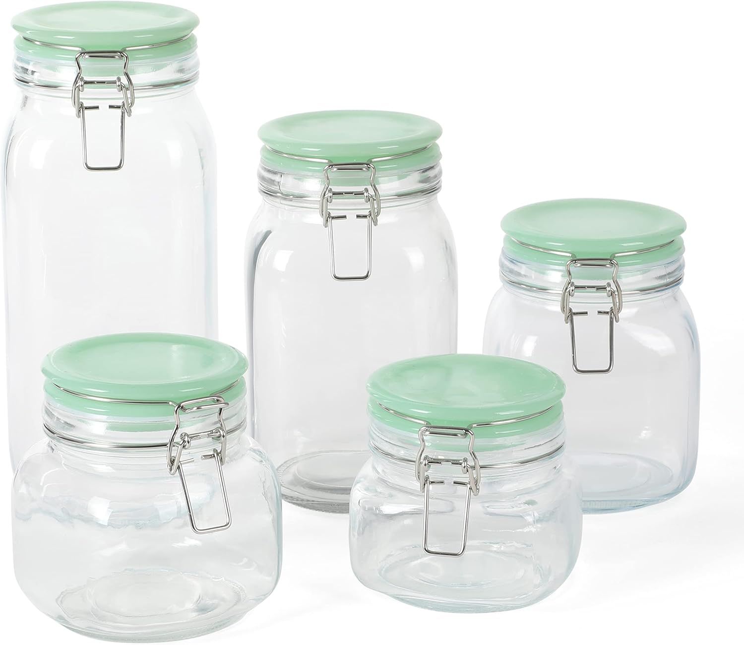 5-Piece Clear Glass Canister Set with Green Lids