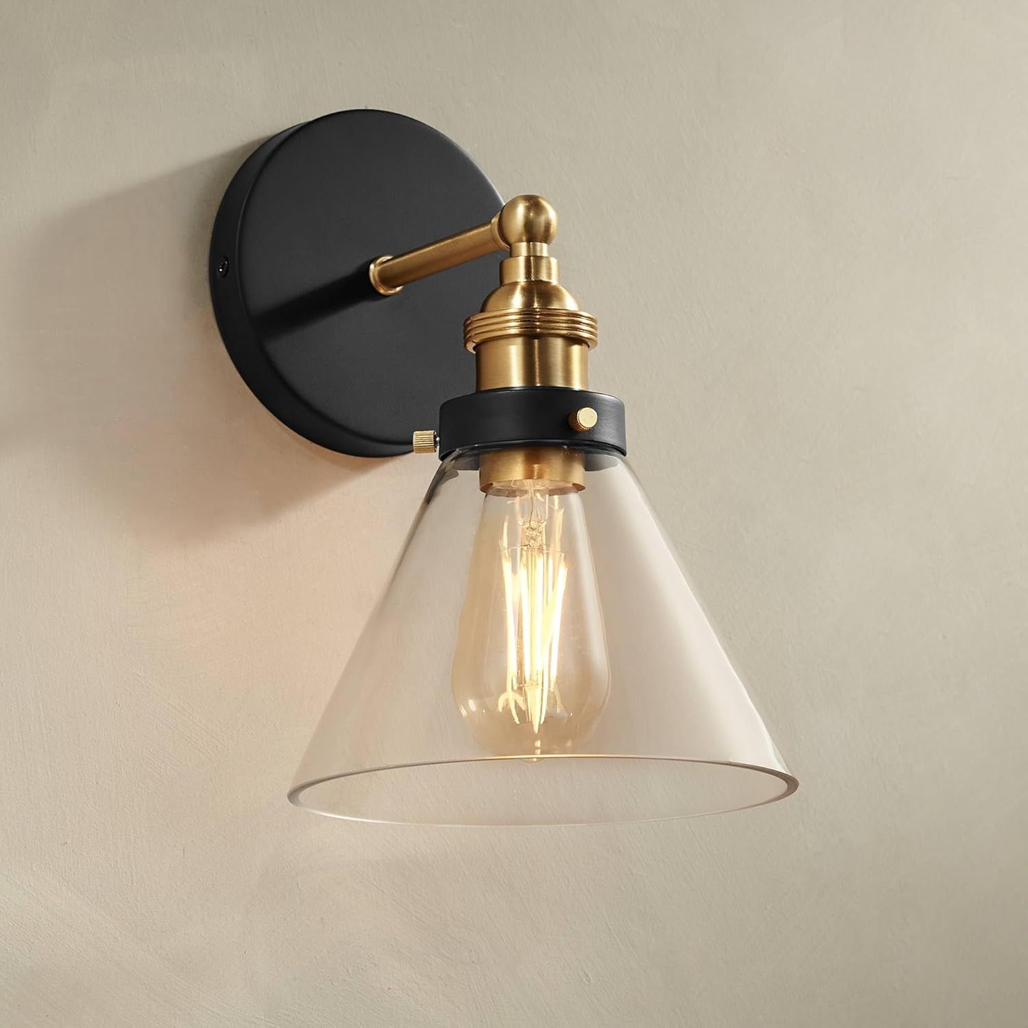 Black and Brass Industrial Vanity Wall Sconce with Clear Glass