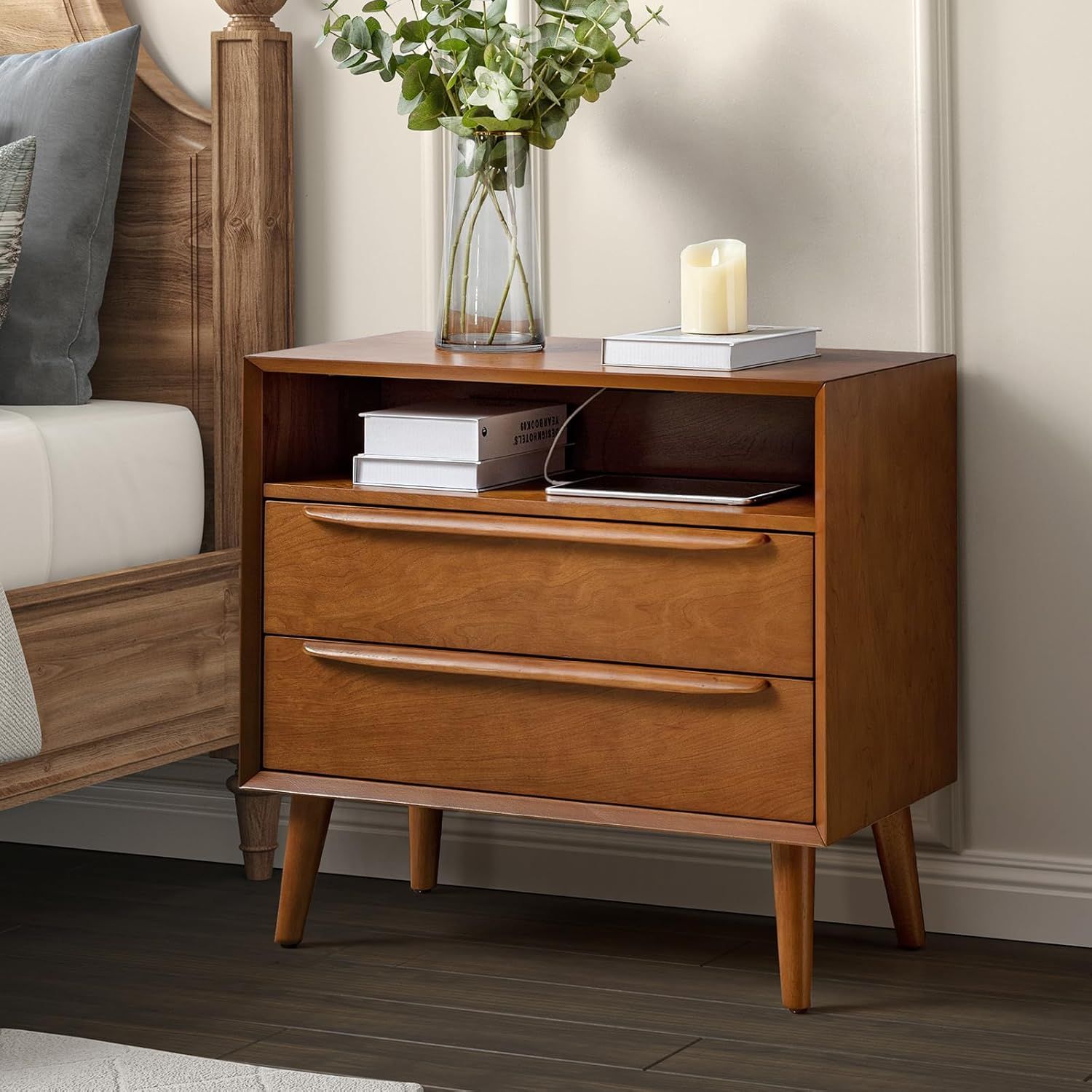 Acorn Mid-Century Modern 2-Drawer Nightstand with Charging Station