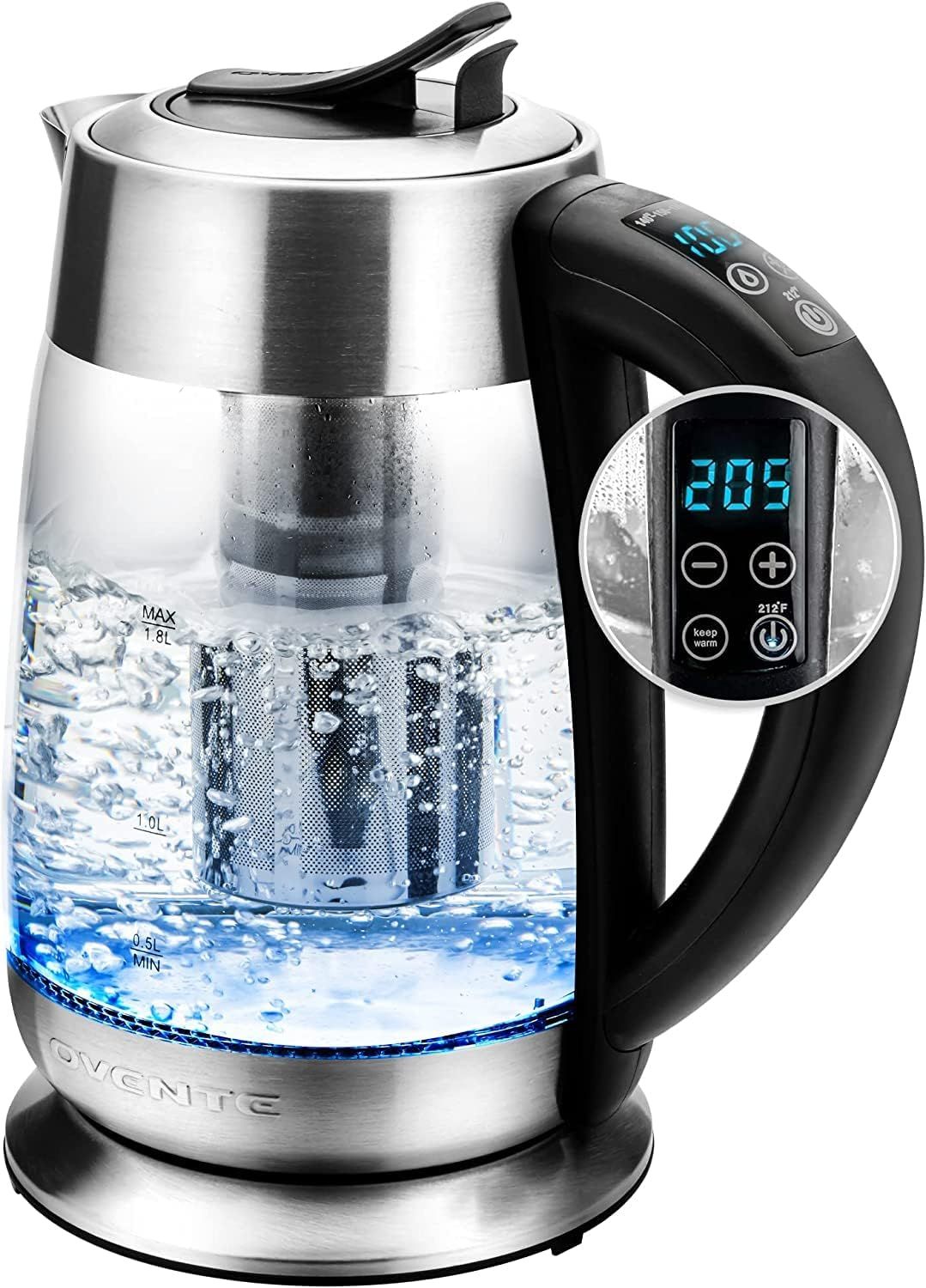 1.8 Liter Silver Glass Electric Kettle with Temperature Control