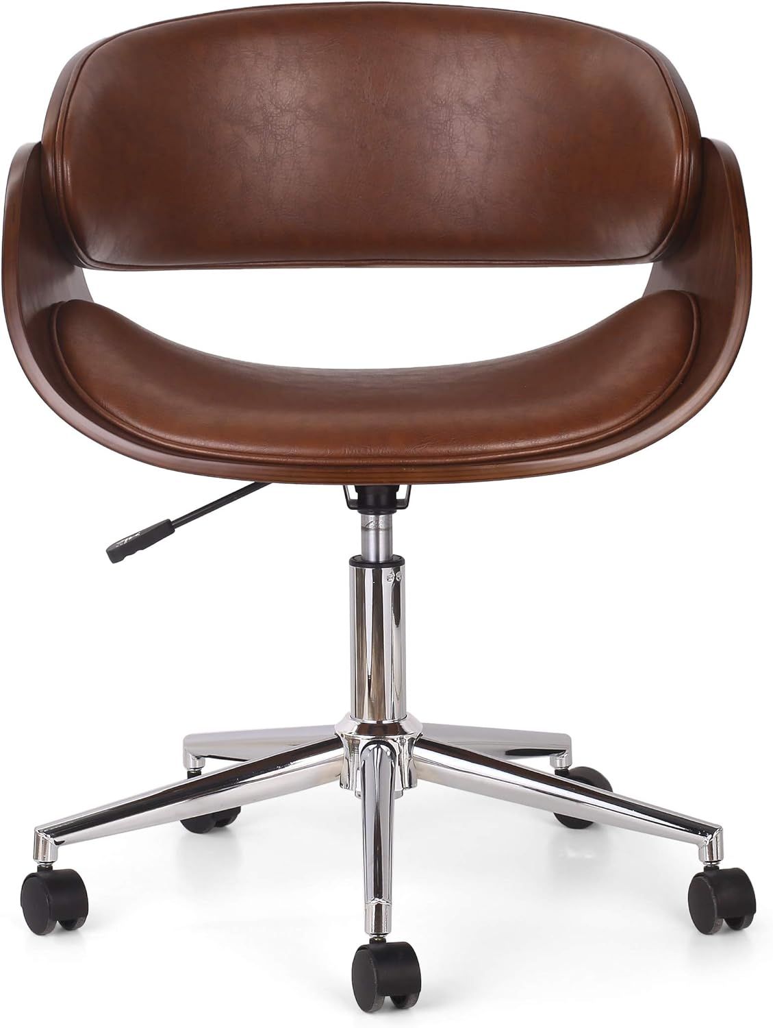 Cognac Leather Mid-Century Swivel Office Chair with Chrome Base