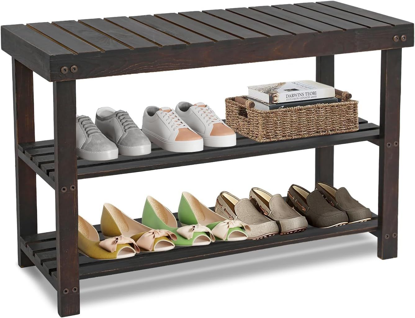 Brown Pine 3-Tier Shoe Rack Bench with Storage