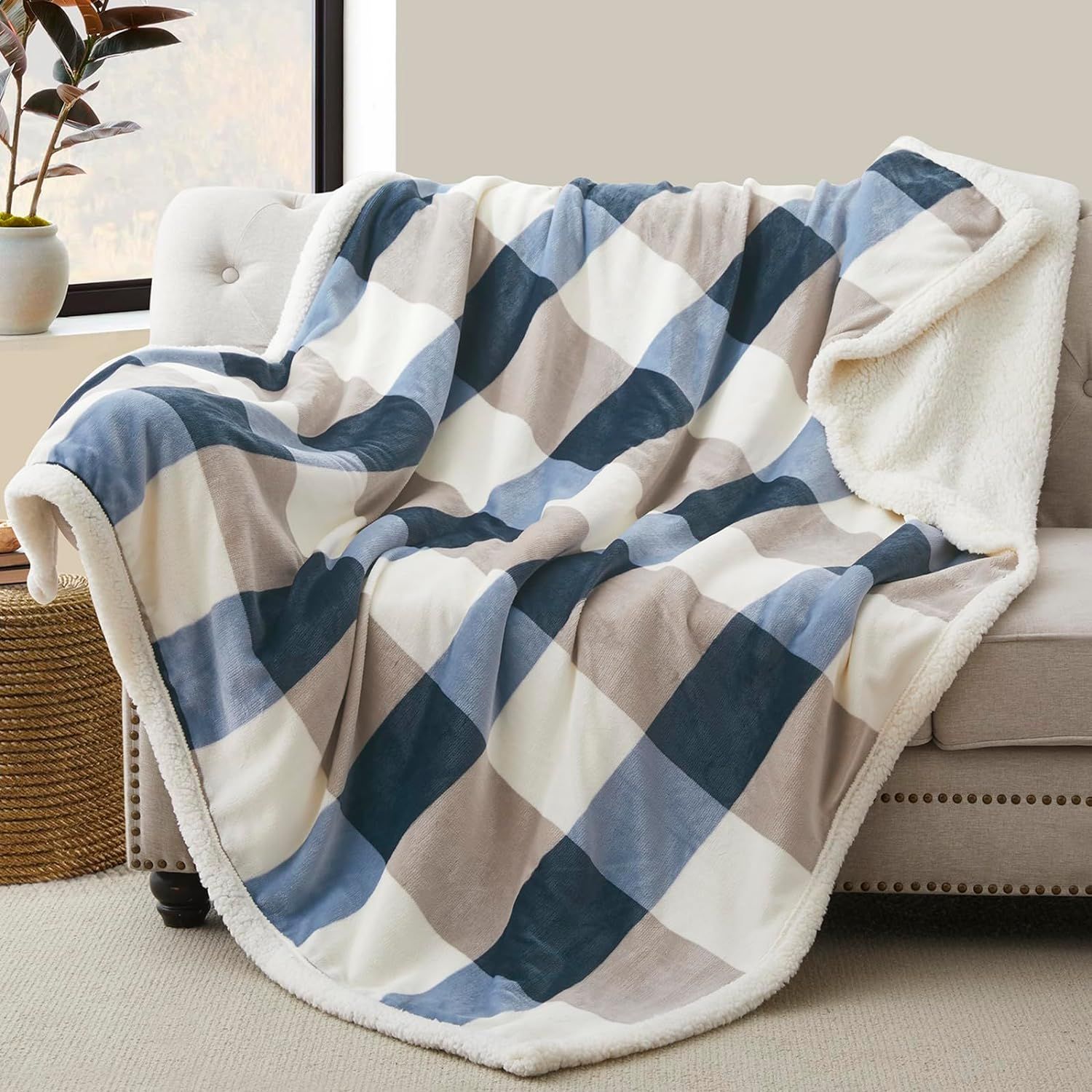 Gray and Blue Plaid Reversible Sherpa Fleece Throw Blanket