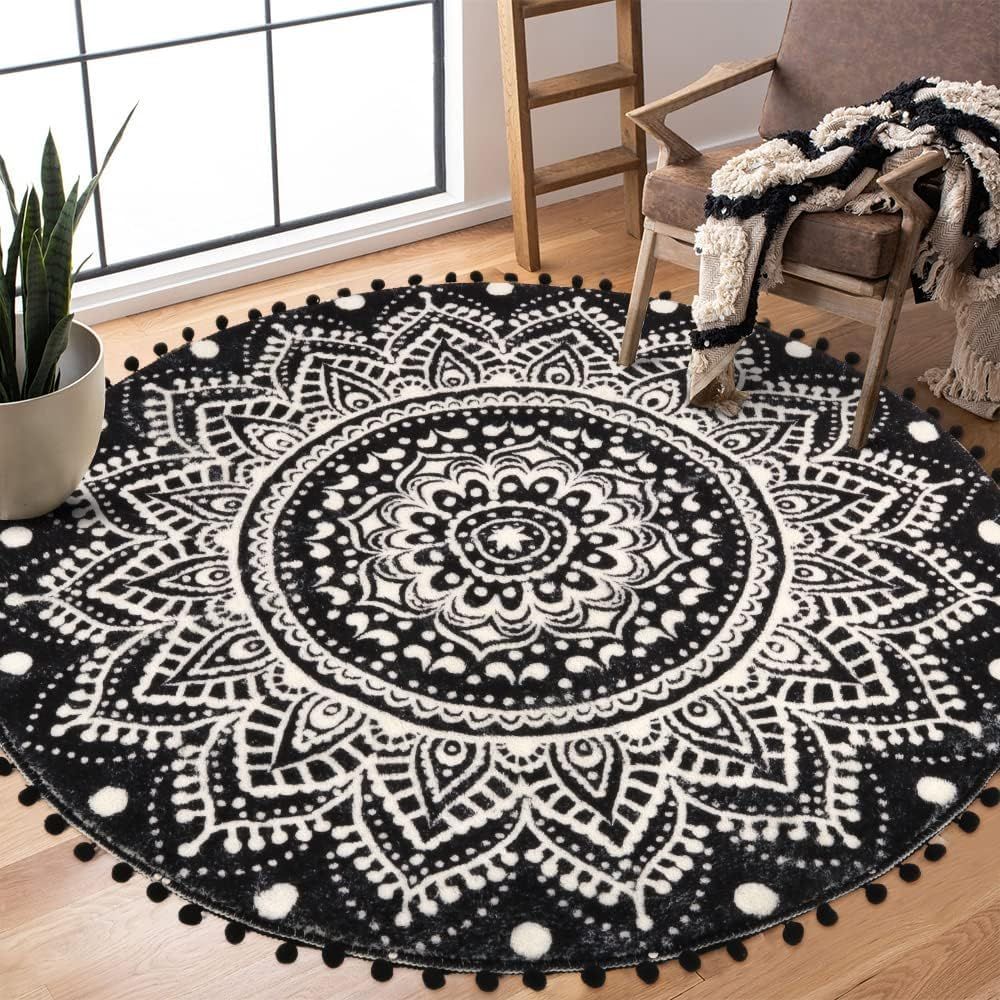 Black and White Round Boho Mandala Tufted Rug with Pom Poms