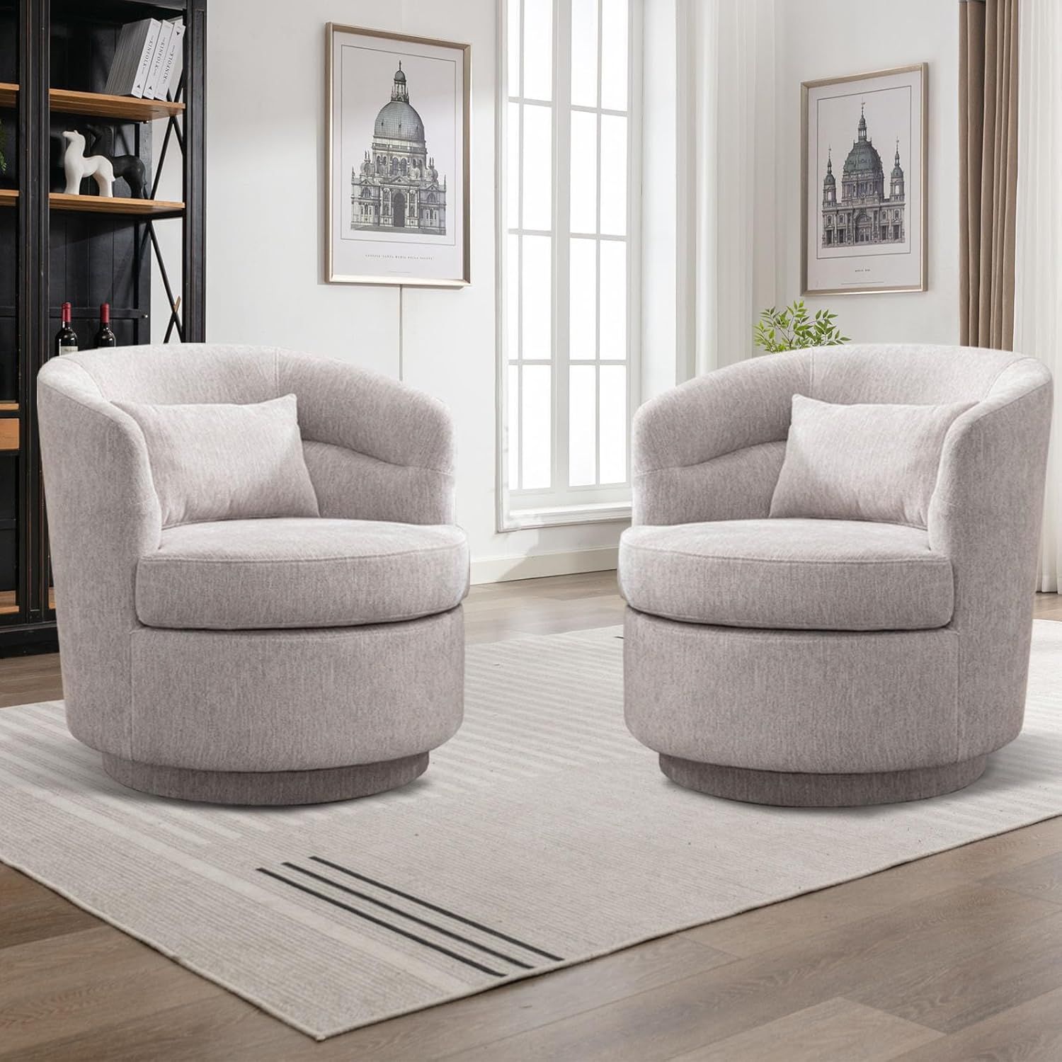 Gray Chenille Swivel Barrel Accent Chair Set with Cushions