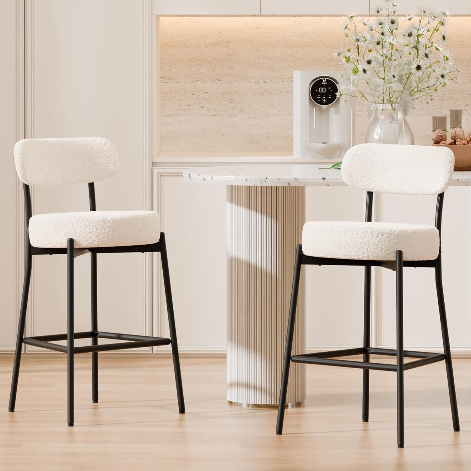 White Boucle Upholstered Metal Frame Bar Stools, Set of 2