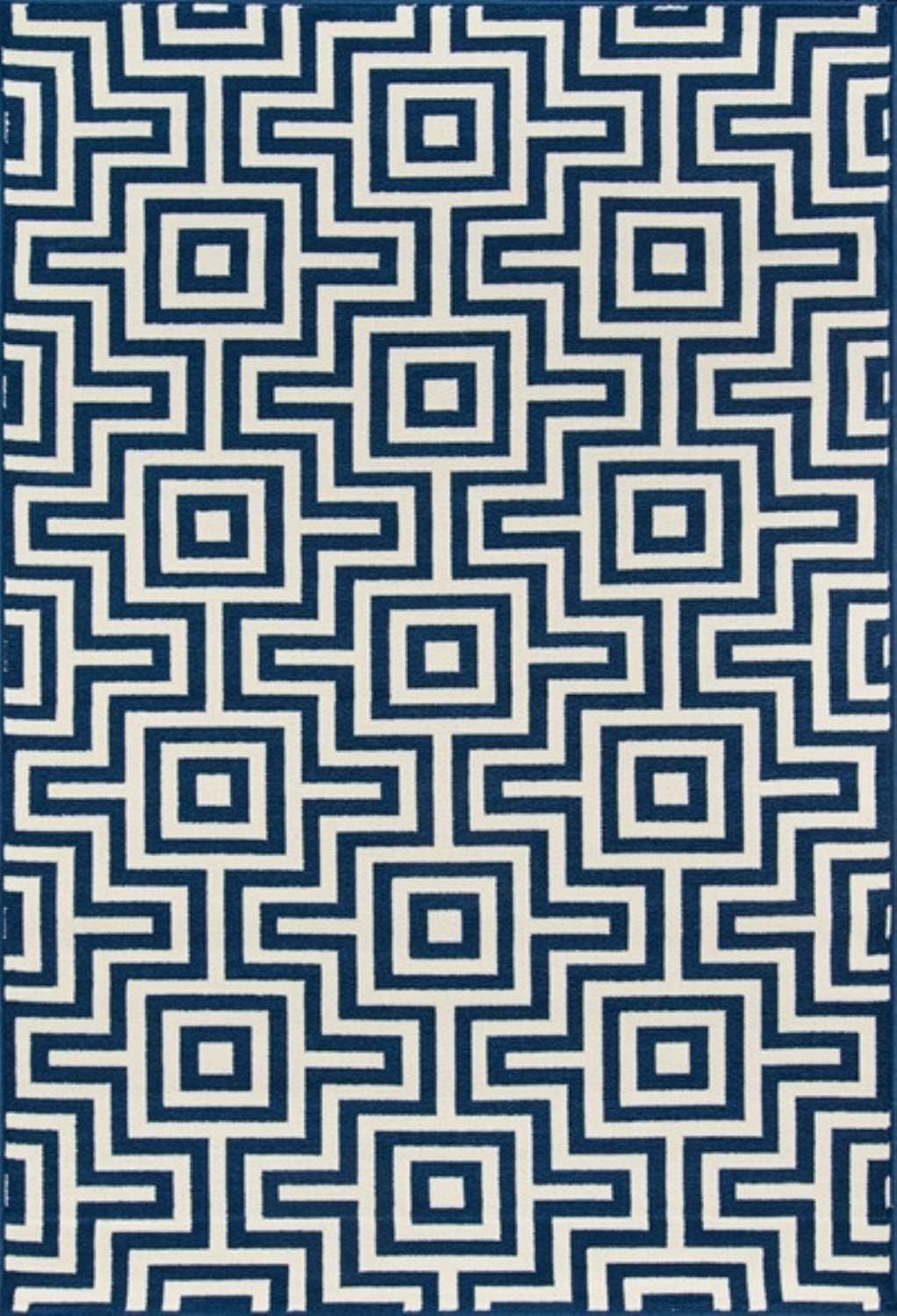 Navy and White Geometric Synthetic Indoor/Outdoor Rug