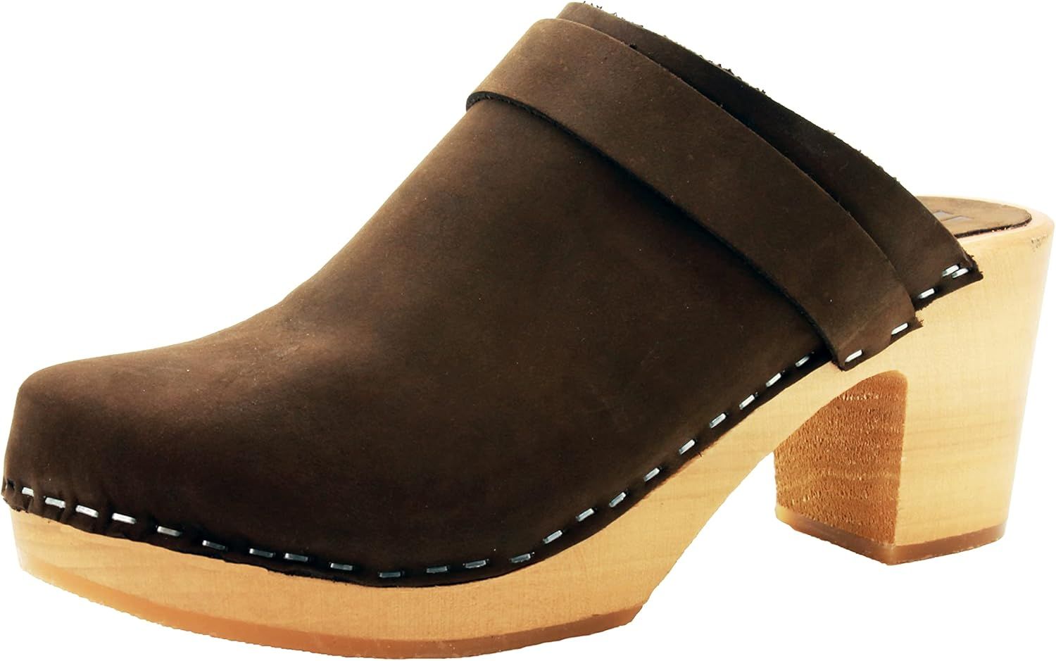 Brown Genuine Leather Mid-Heel Wooden Clogs