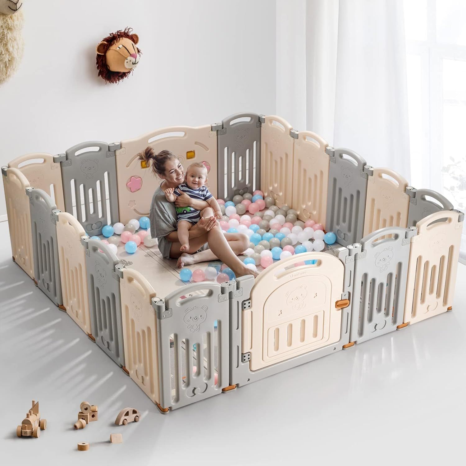 Extra Large Foldable Cream and Grey Baby Playpen with Gate