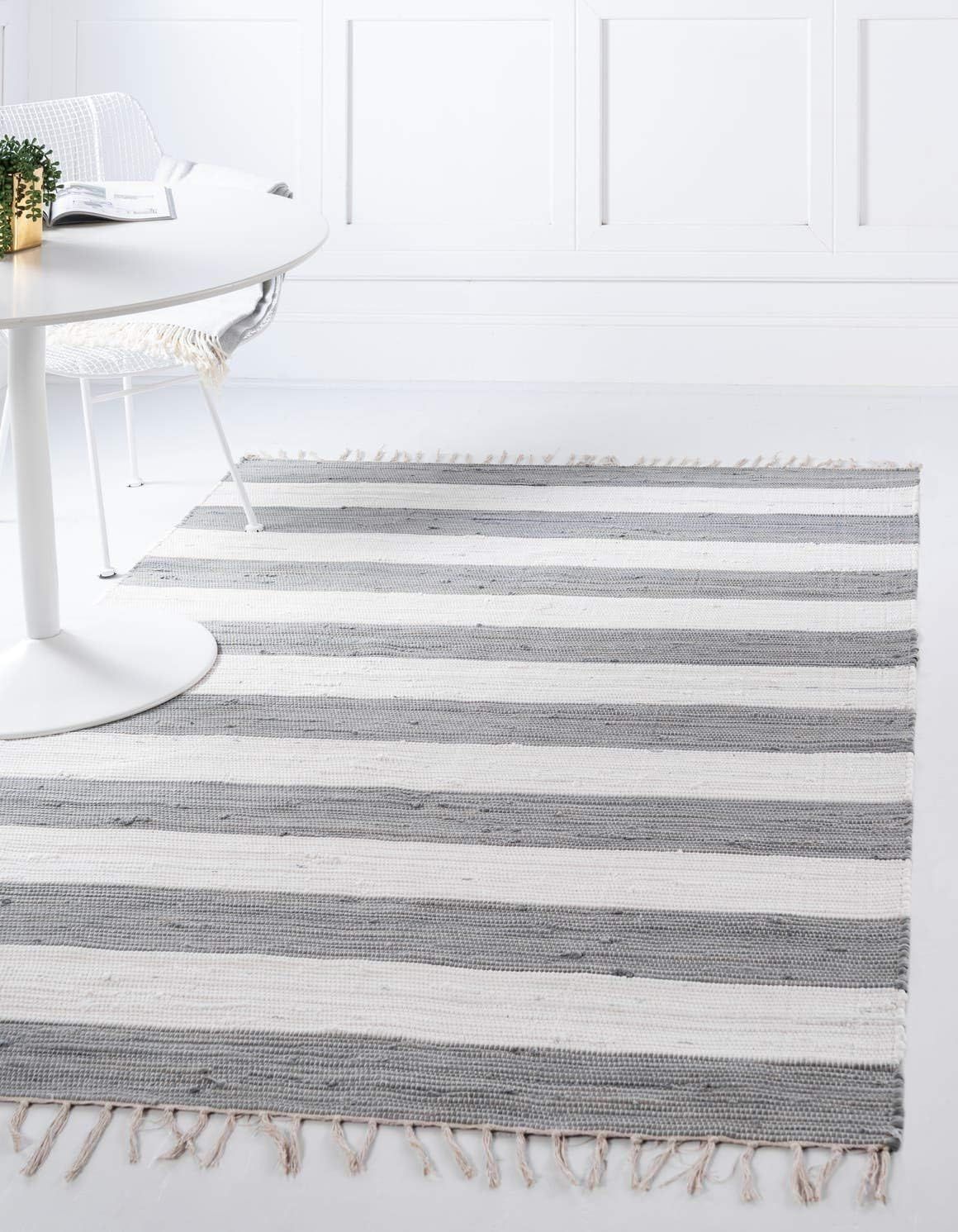 Gray and Ivory Striped Cotton Fringe Area Rug