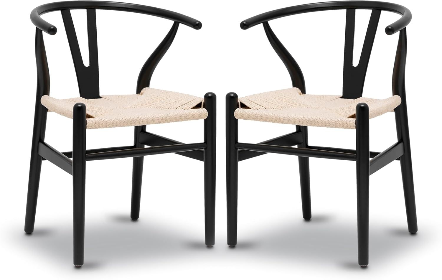 Black Wood Arm Chairs with Woven Seats, Set of 2