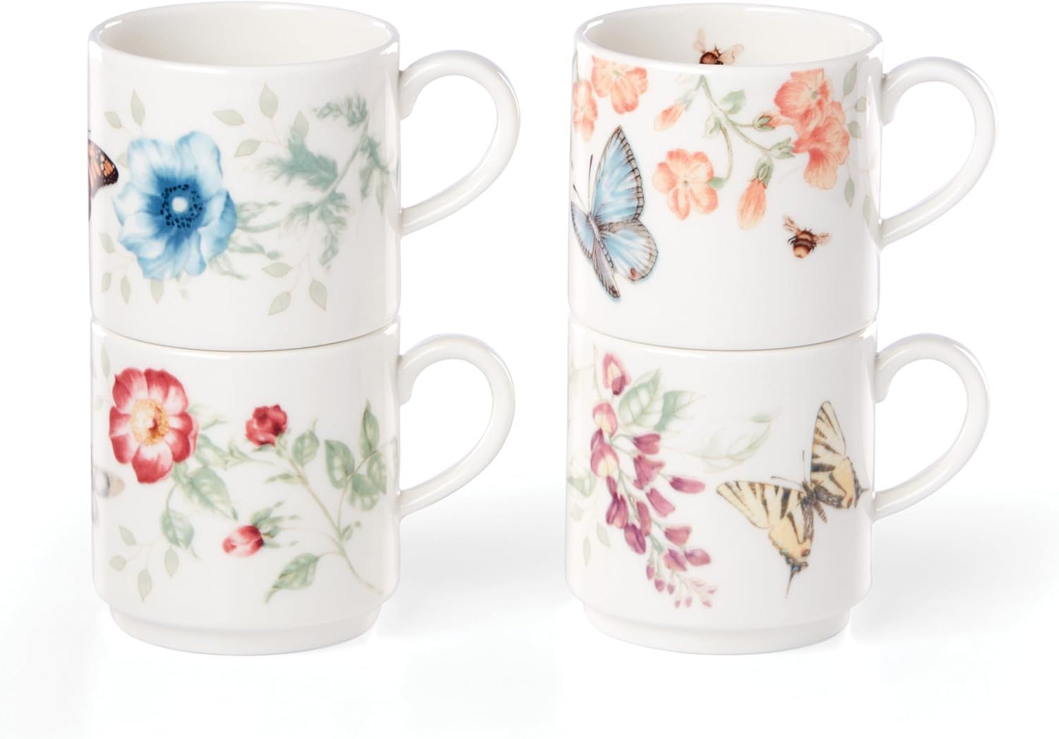 White Ceramic Butterfly and Floral Stacking Mug Set