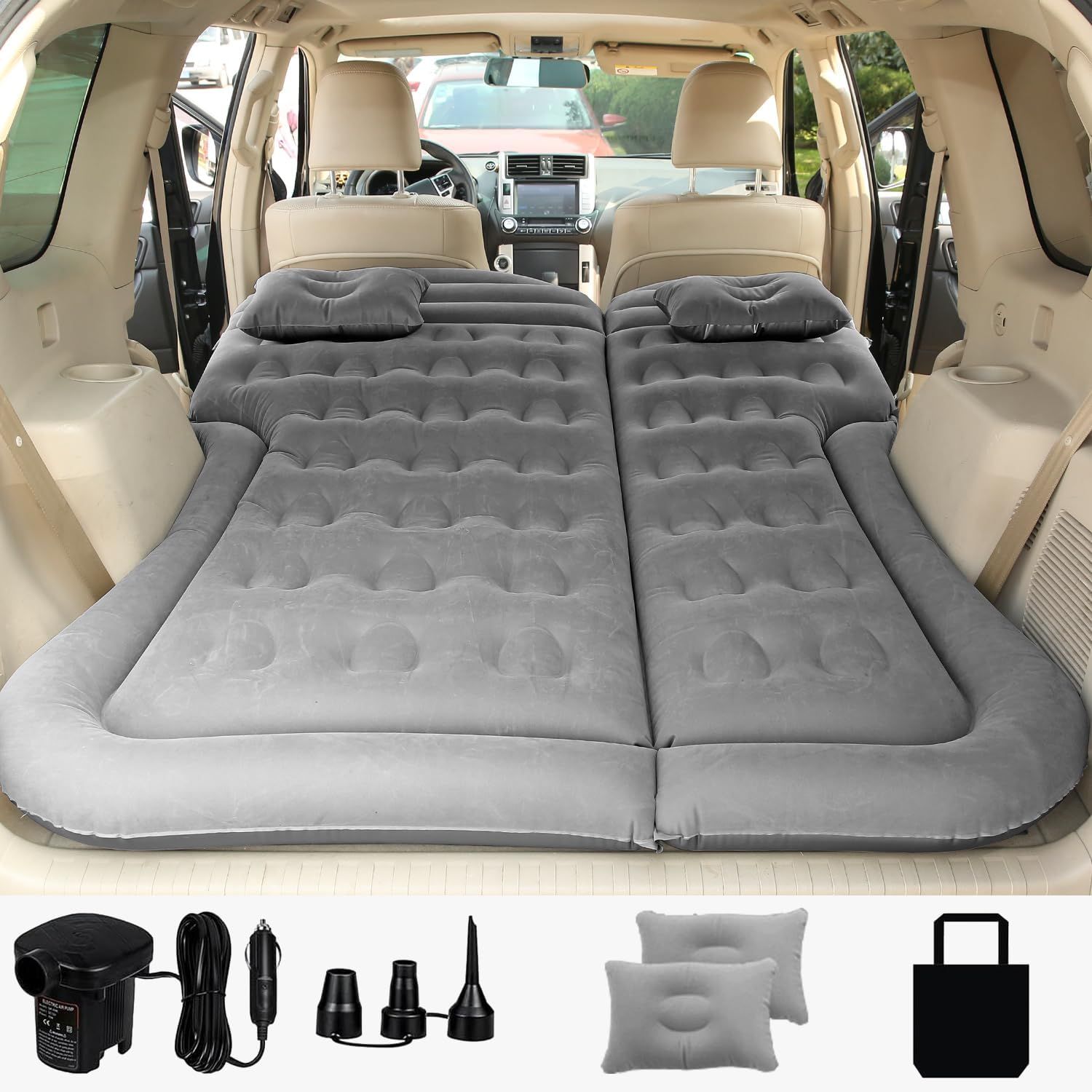 Gray Inflatable SUV Air Mattress with Pump and Pillows