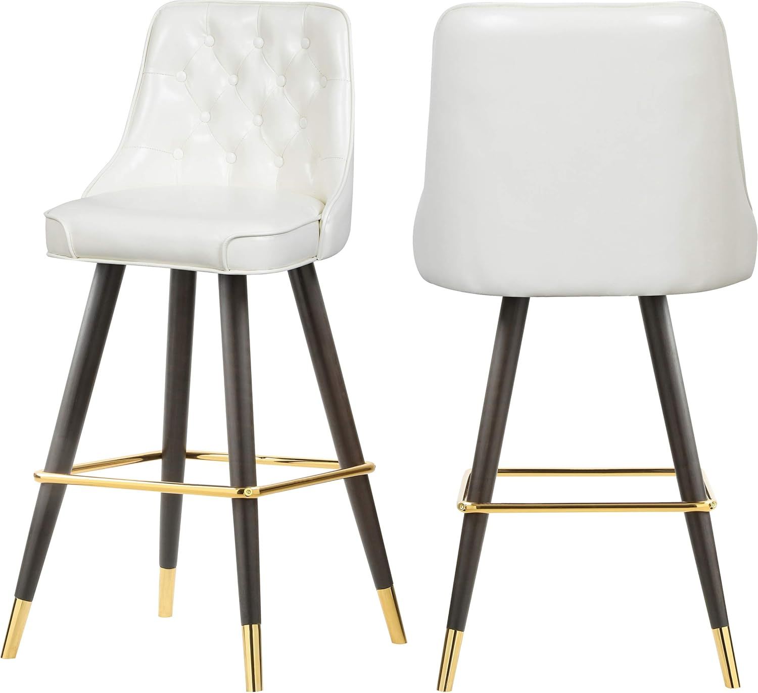 White Faux Leather Bar Stool with Button Tufting and Gold Accents