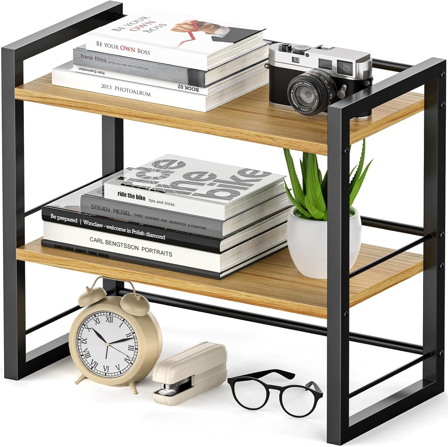 Black and Natural Wood 2-Tier Office Desk Shelf Organizer