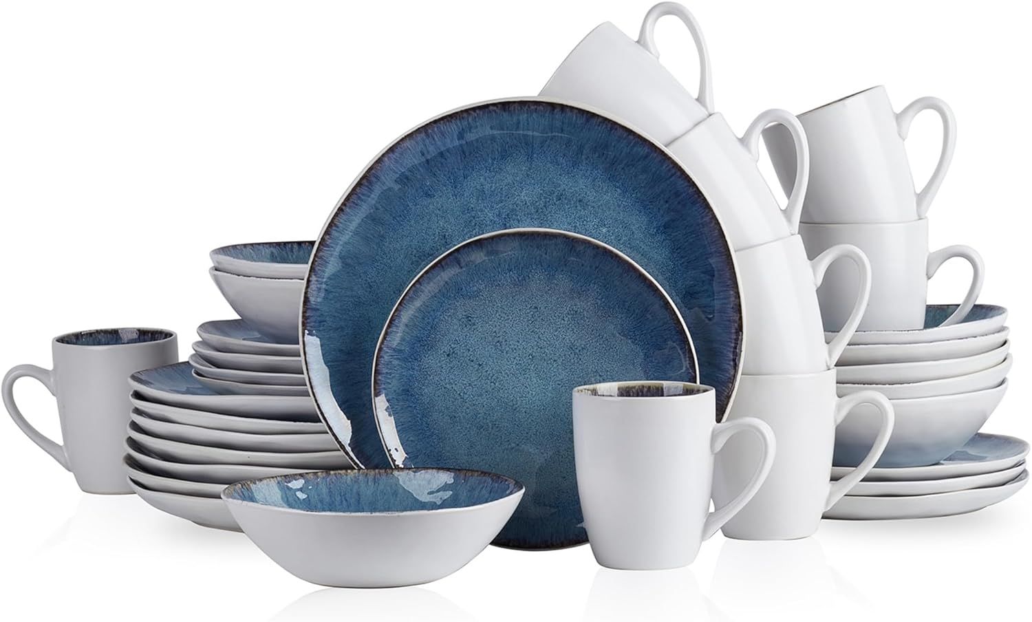 Blue and White Ceramic 32-Piece Dinnerware Set for 8