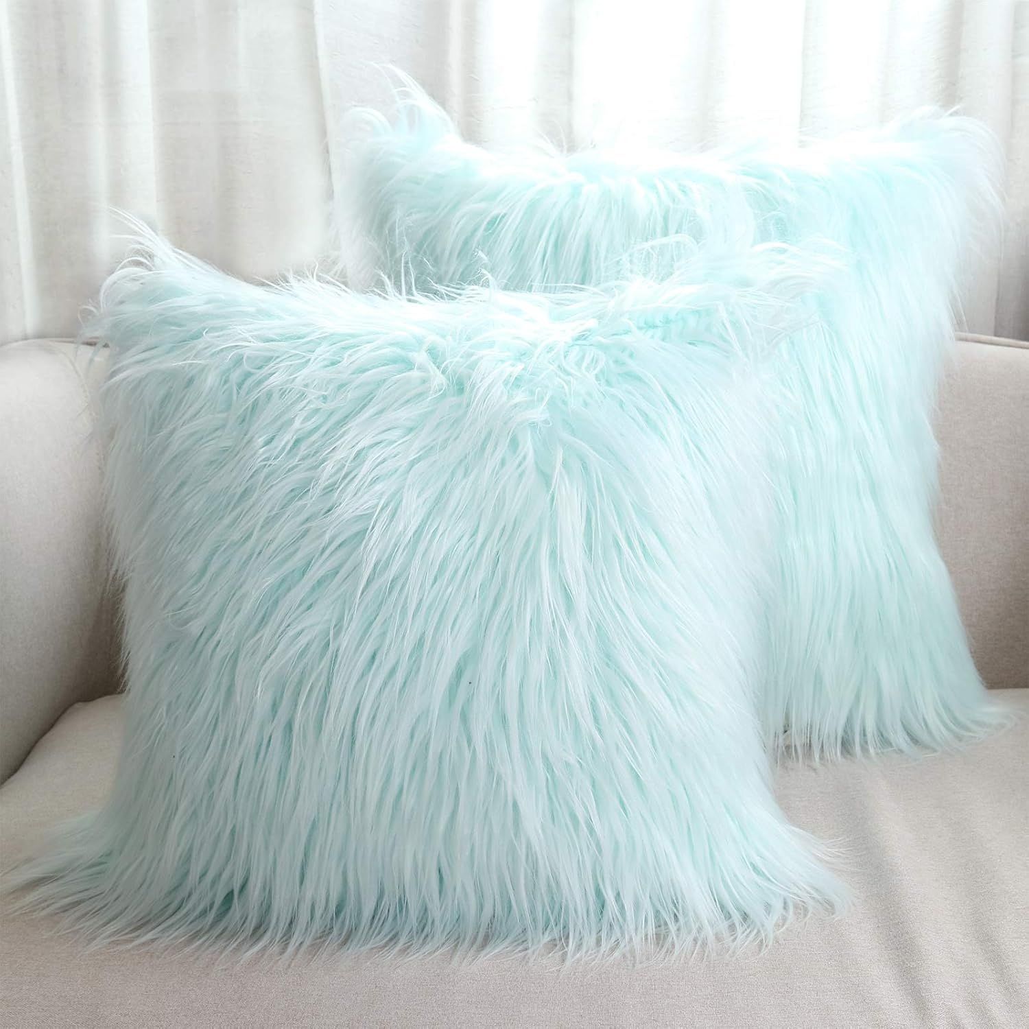 Lake Blue Mongolian Faux Fur 18" Square Pillow Covers