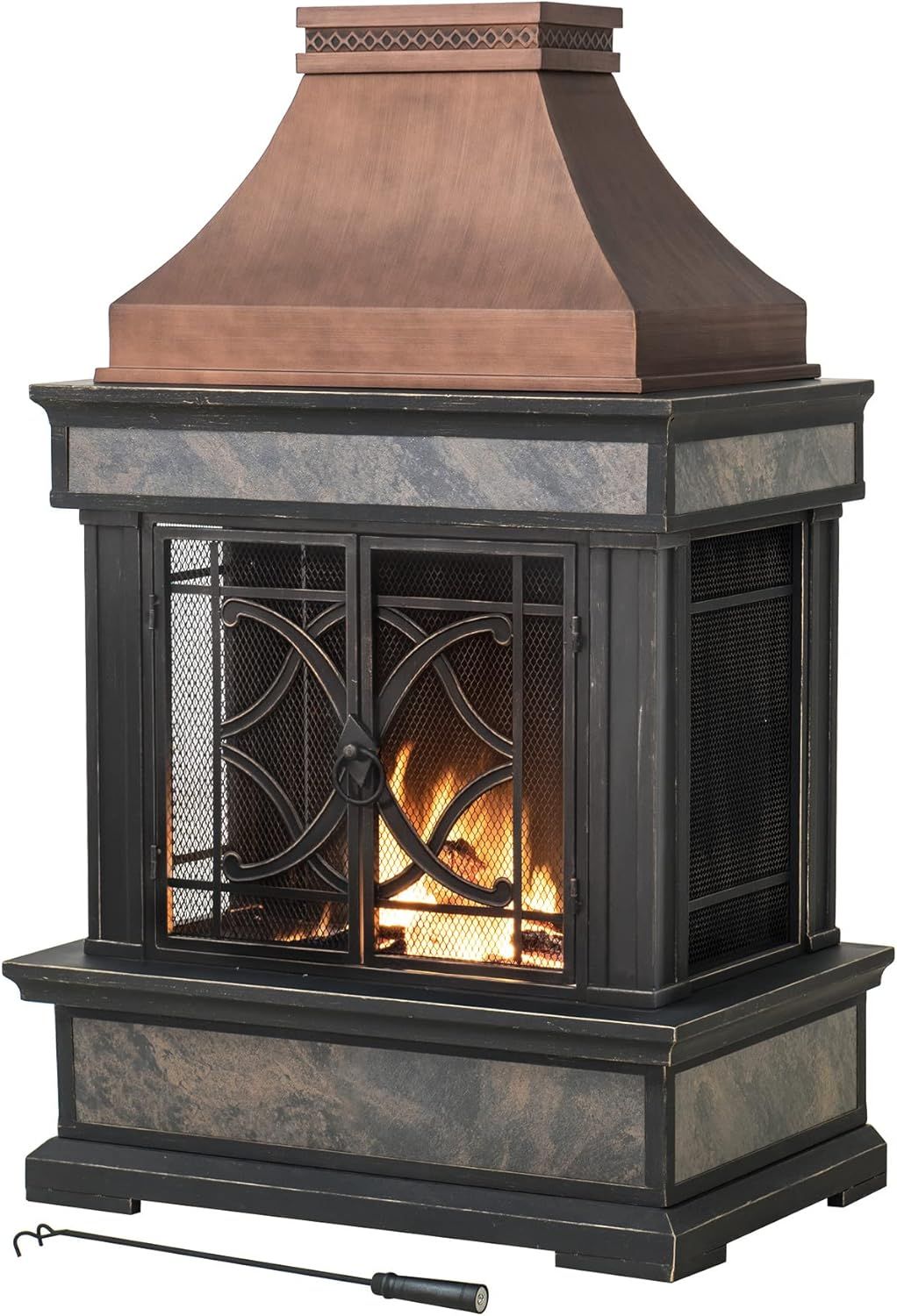 Copper and Gray Tile Outdoor Wood Burning Fireplace