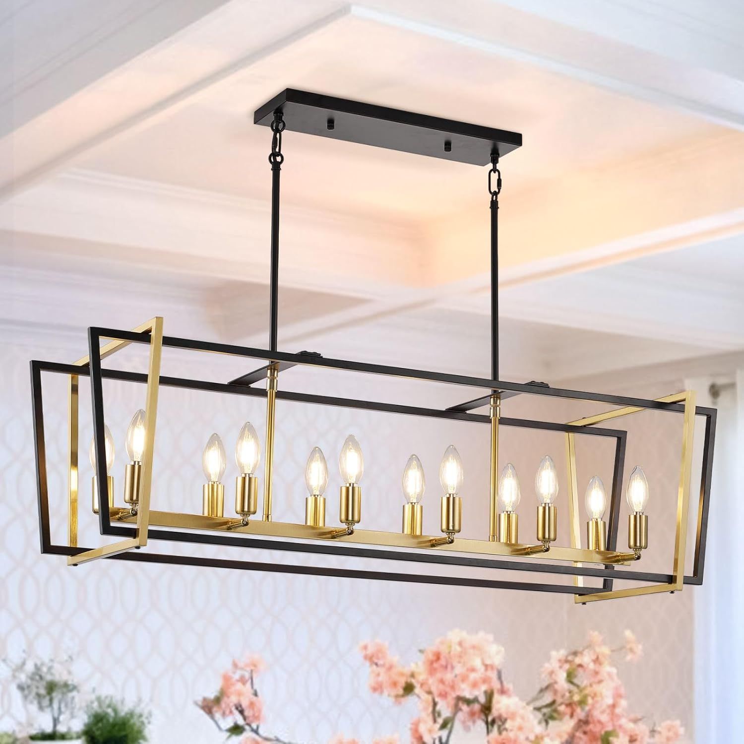 Black and Gold 12-Light Candle Linear Pendant Chandelier