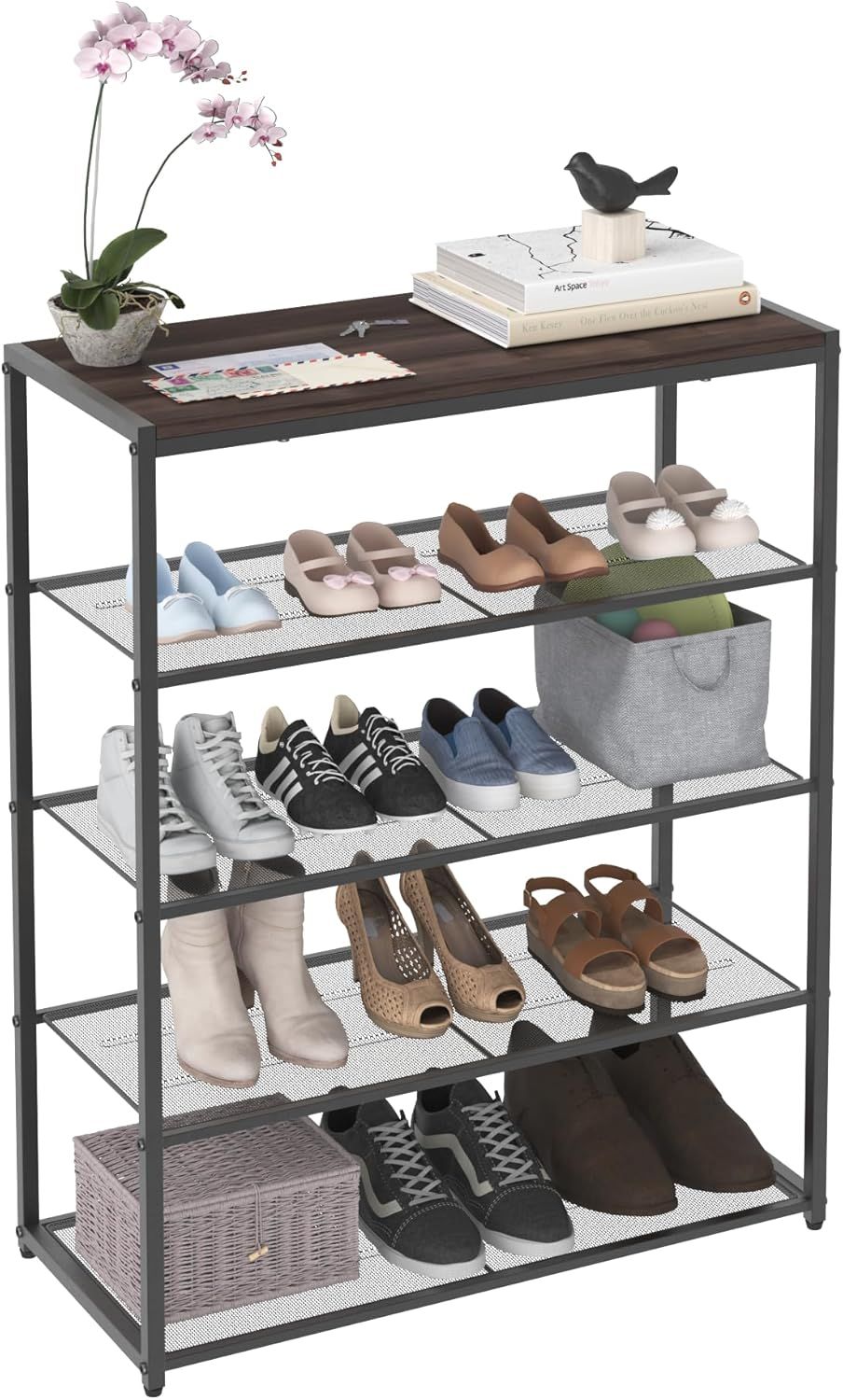 Walnut and Black 5-Tier Metal Shoe Rack with Wood Top