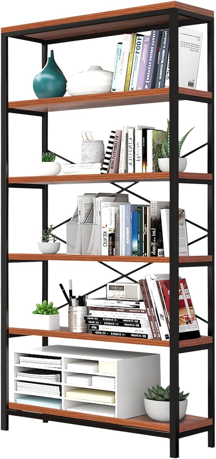 Tall Black Wood 6-Tier Ladder Bookshelf with Cubes