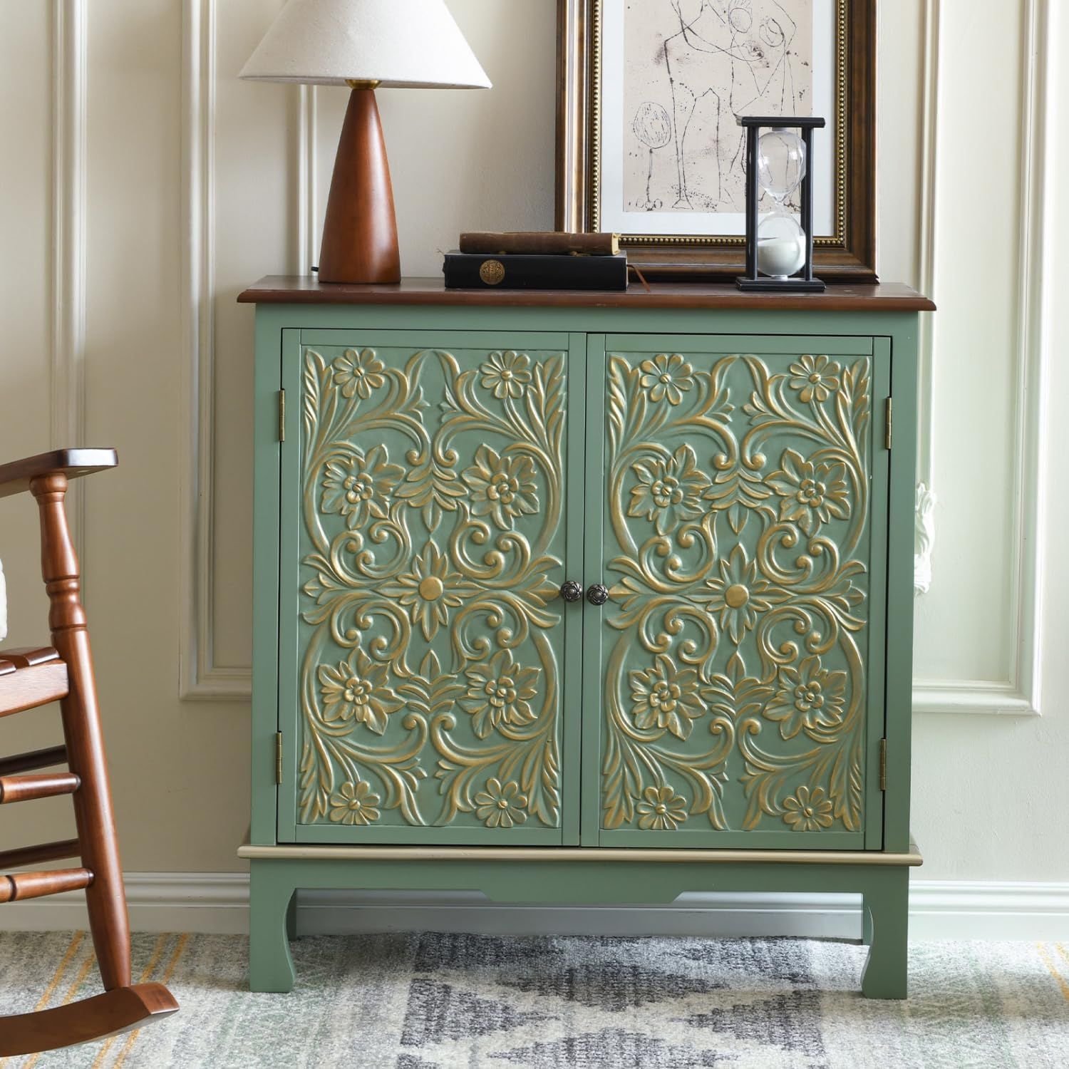 Sage Green and Gold Embossed Two-Door Accent Cabinet