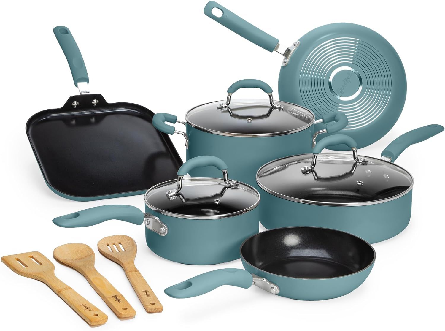 Turquoise 12-Piece Nonstick Aluminum Cookware Set with Glass Lids