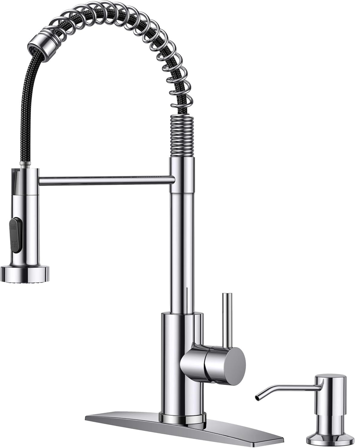 Chrome High-Arc Kitchen Faucet with Pull-Out Spray and Soap Dispenser