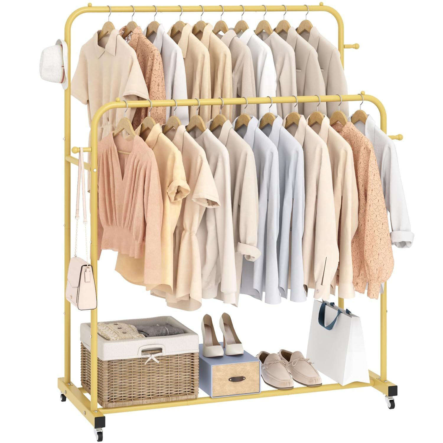 Gold Double Rods Portable Garment Rack with Wheels and Hooks