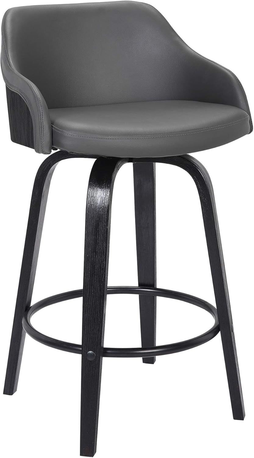 Alec Contemporary Black Wood & Grey Faux Leather Swivel Barstool, 30"