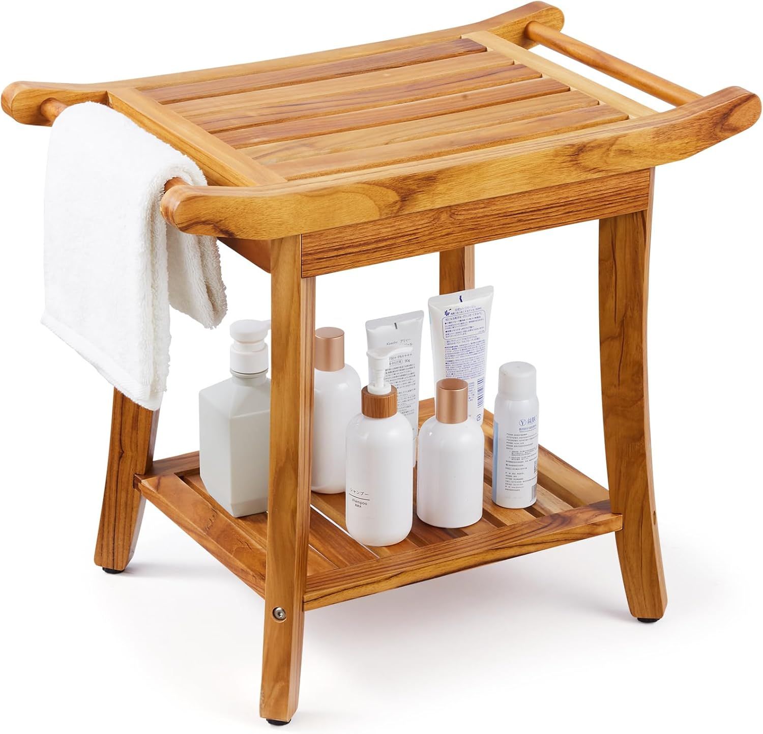 Teak Wood Shower Bench with Handles and Storage Shelf