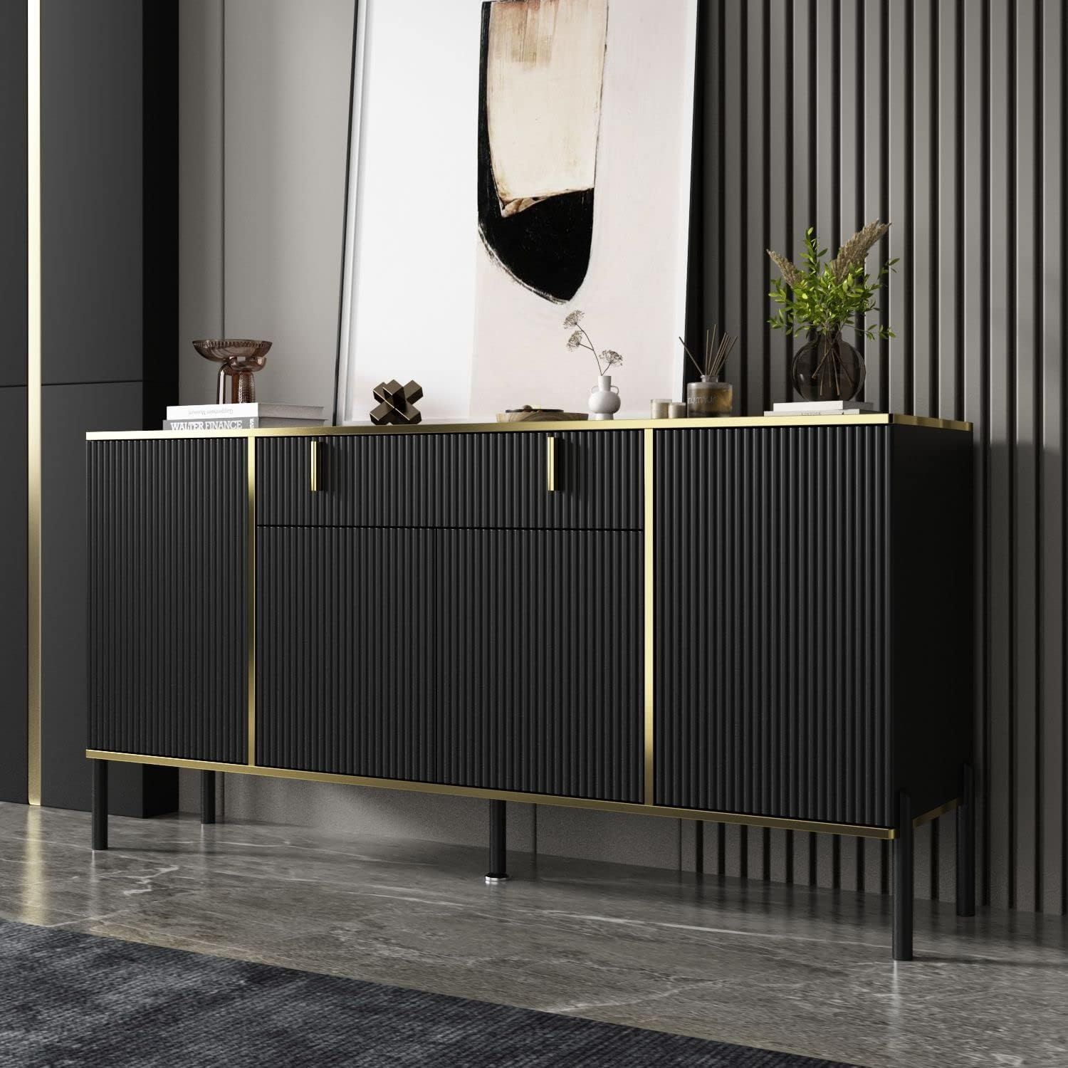 Black and Gold Modern Sideboard with Pop-Up Doors and Drawer