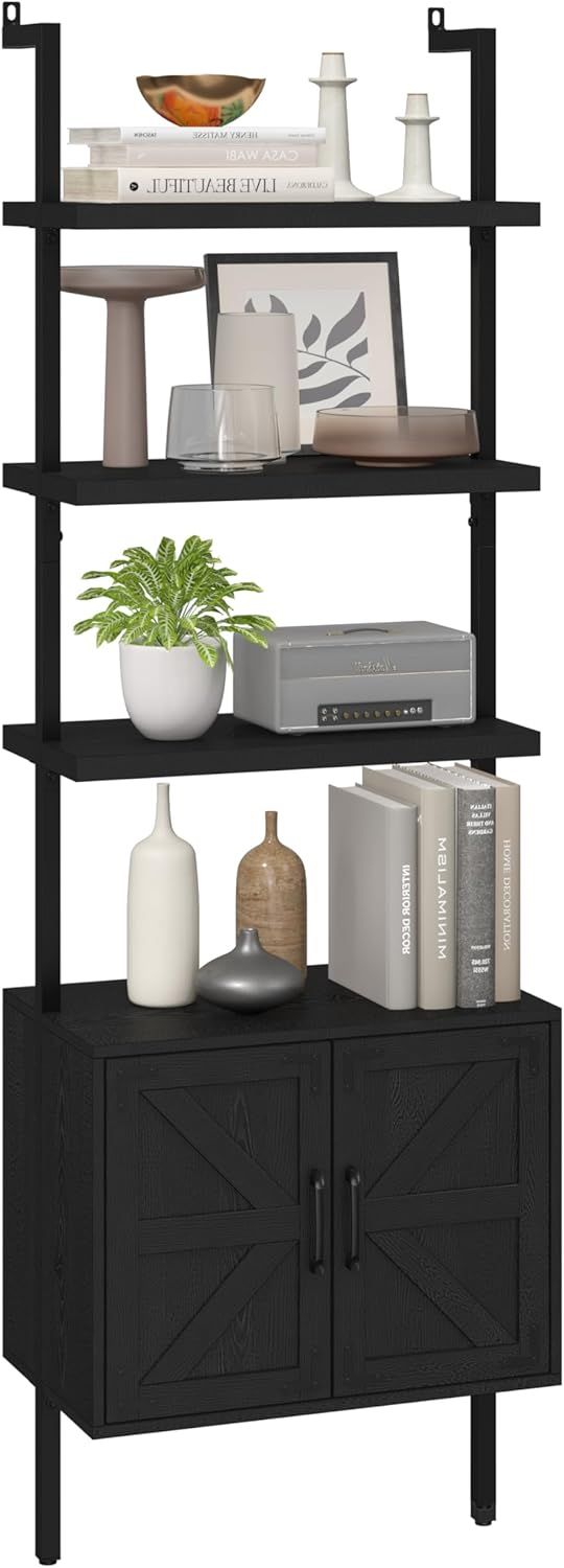 Black Industrial Ladder Bookshelf with Cabinet and Metal Frame