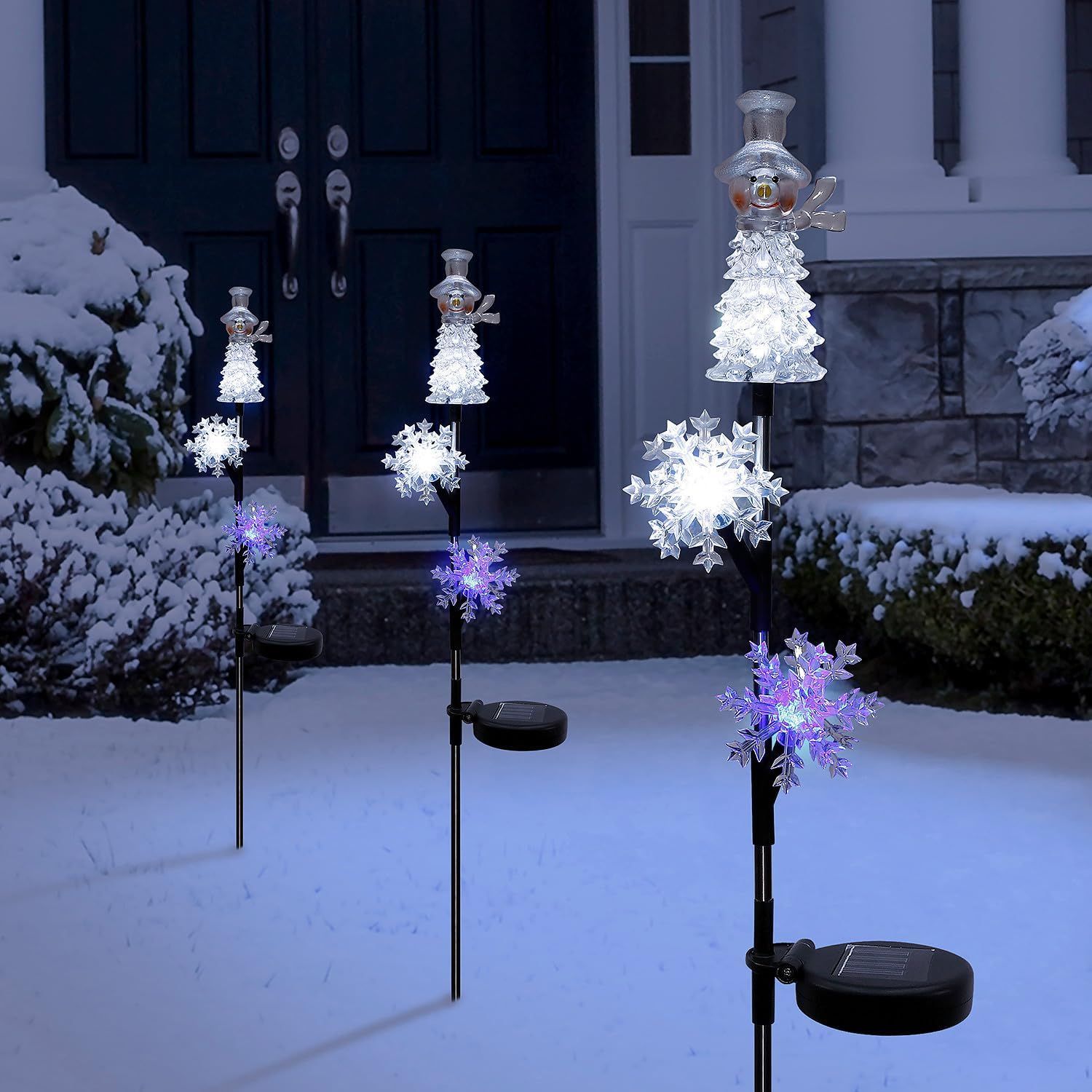 Solar Snowflake and Snowman LED Lawn Stake, 34-Inch, Multicolor Plastic