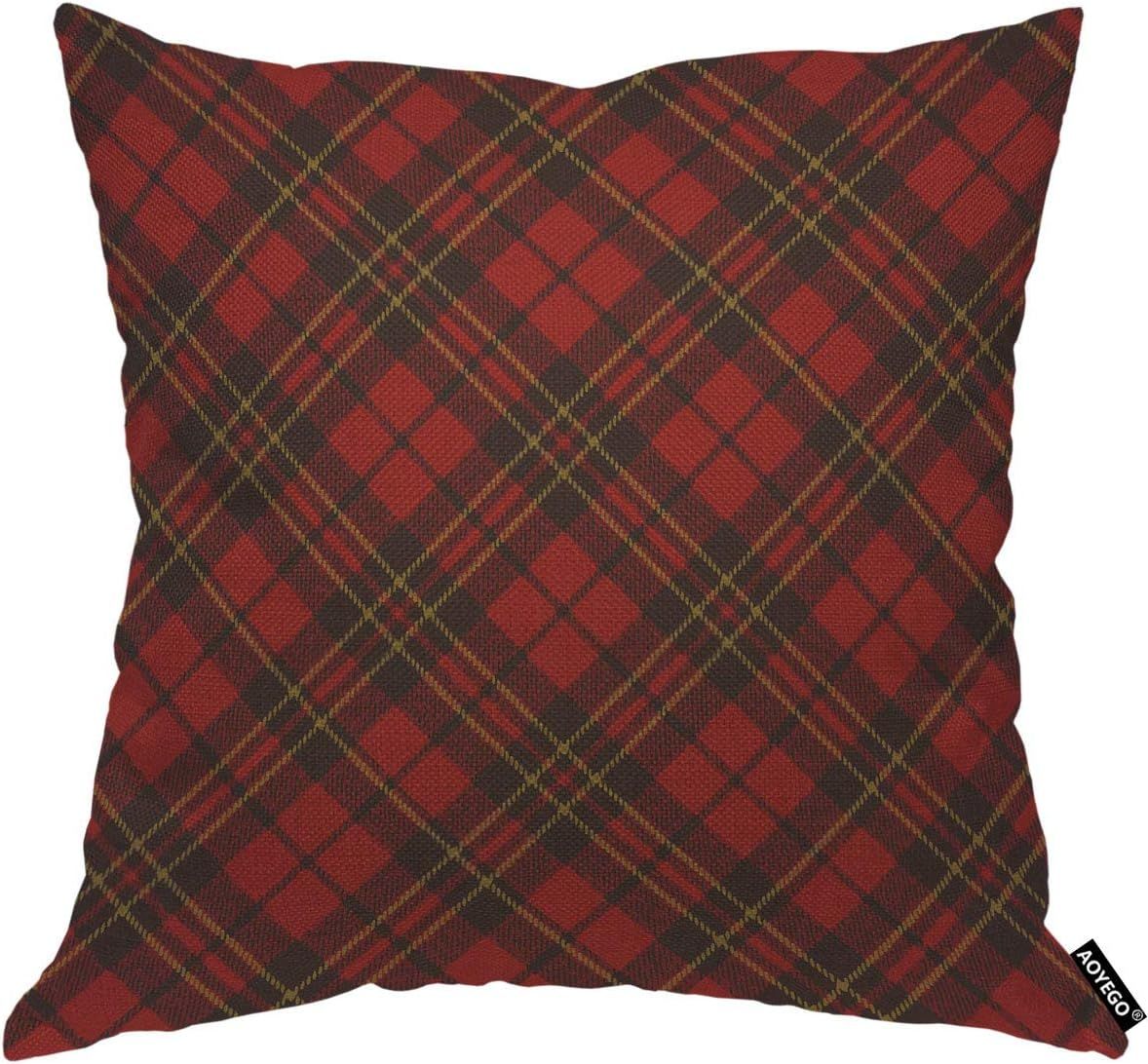 Red and Brown Cotton Plaid Throw Pillow Cover 18x18 Inch