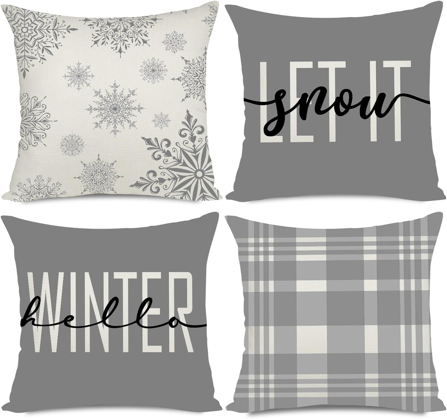 Gray and White Polyester Euro Christmas Pillow Covers Set of 4