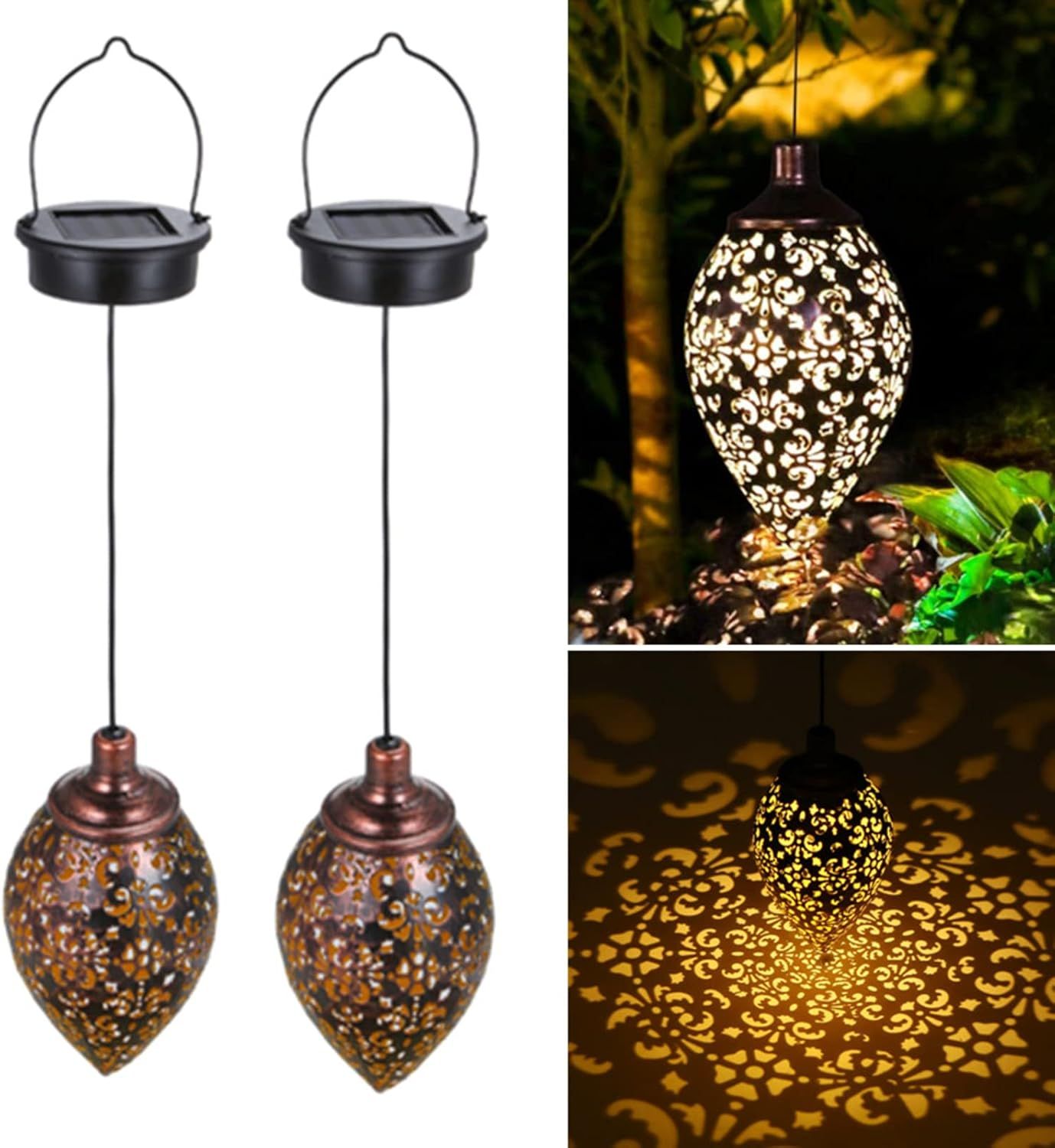 Olive Shape Hanging Solar LED Metal Lanterns, 2 Pack