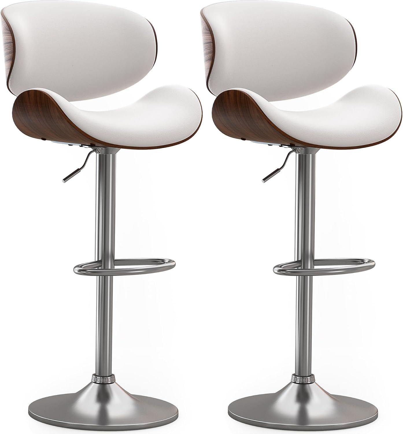 White Adjustable Swivel Bar Stools with PU Leather and Bentwood