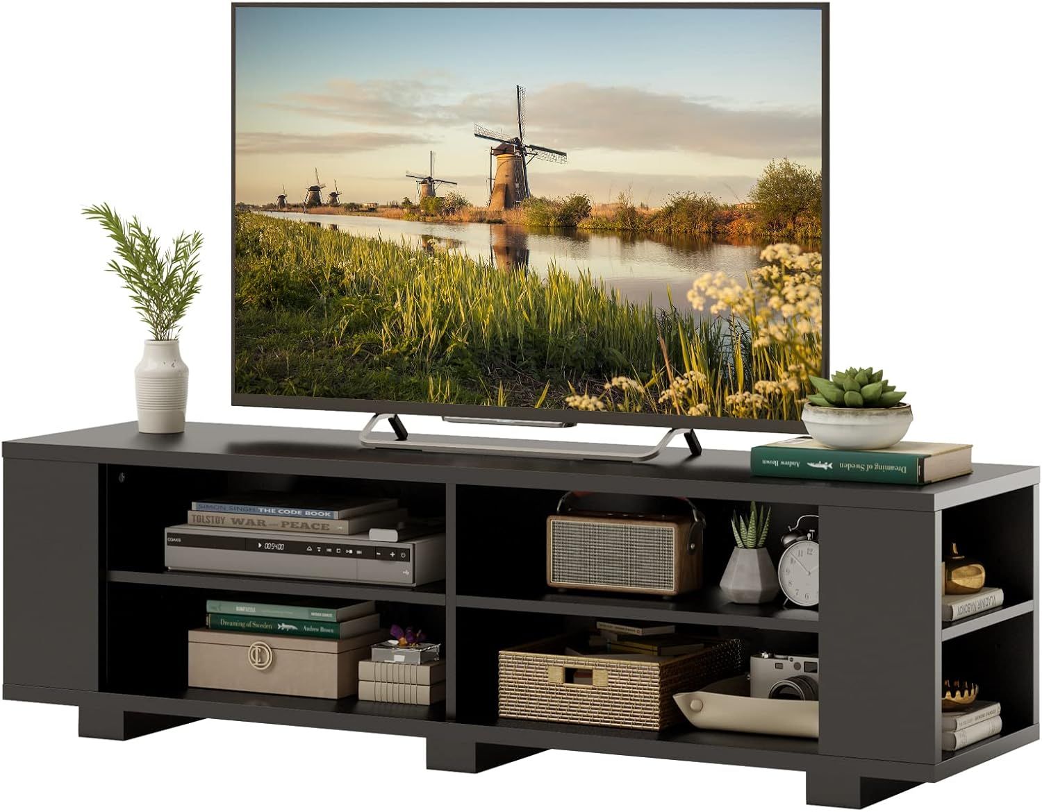 Black MDF TV Stand with Adjustable Shelves for 65" TVs