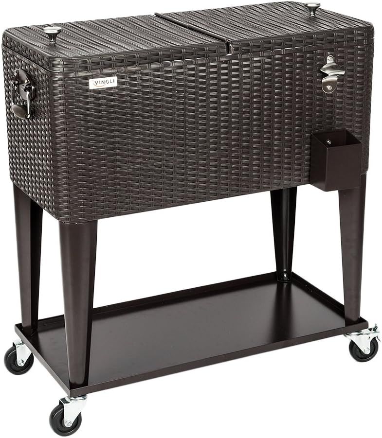 VINGLI 80 Quart Black Rattan Rolling Cooler with Shelf