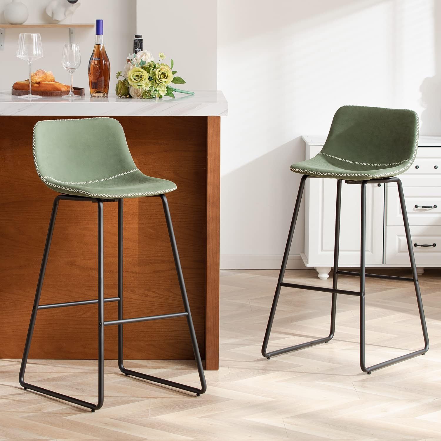 Adjustable Black Metal and Wood Bar Stools Set of 2