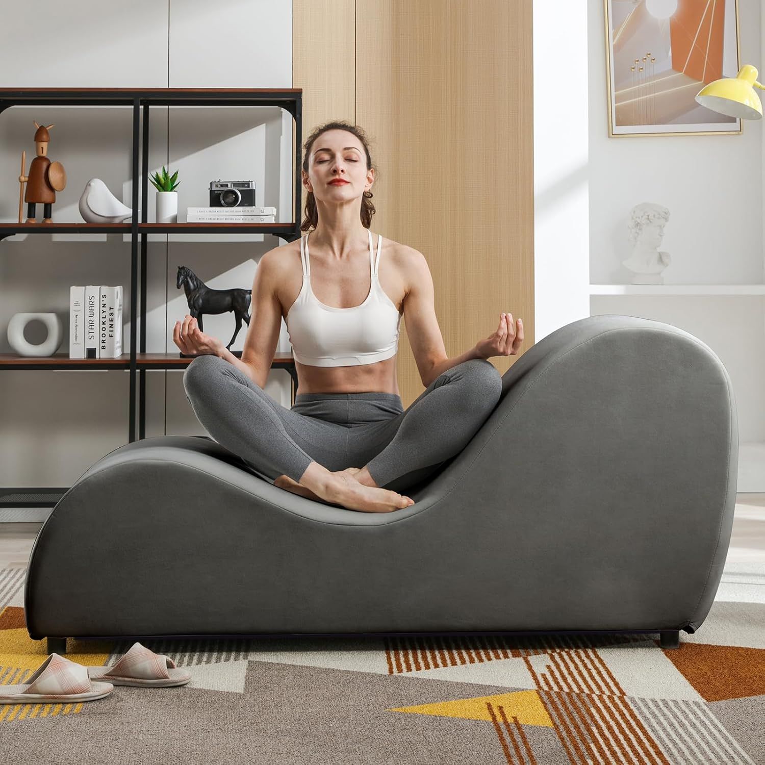 Ergonomic Dark Gray Velvet Yoga Chaise Lounge