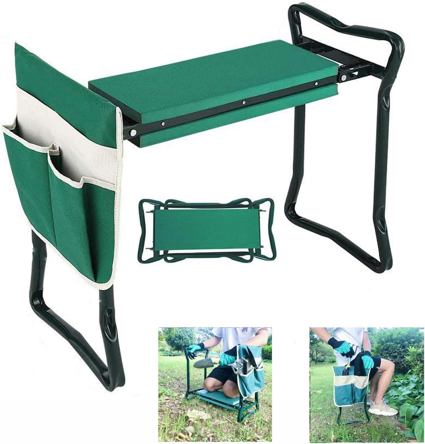 Green Steel Folding Garden Kneeler and Seat with Tool Pouch