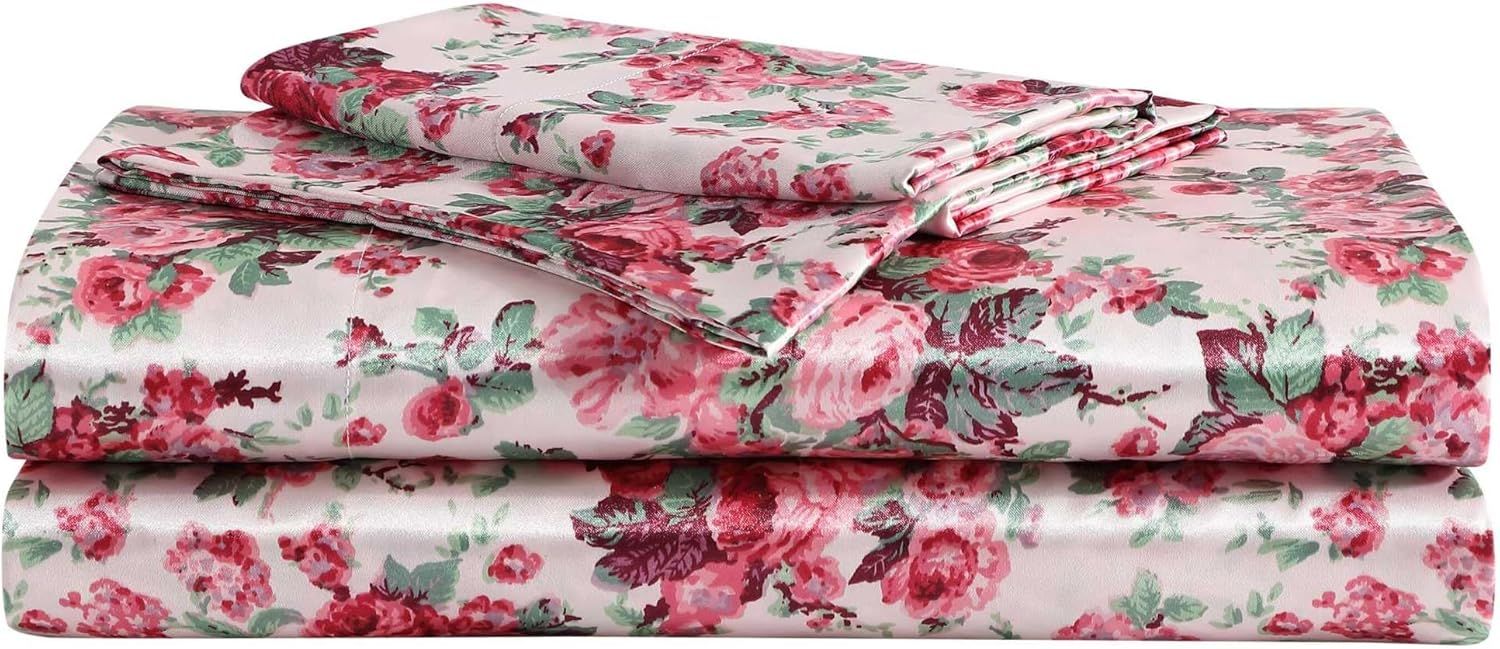 Twin Pink Satin Vintage Floral Sheet Set