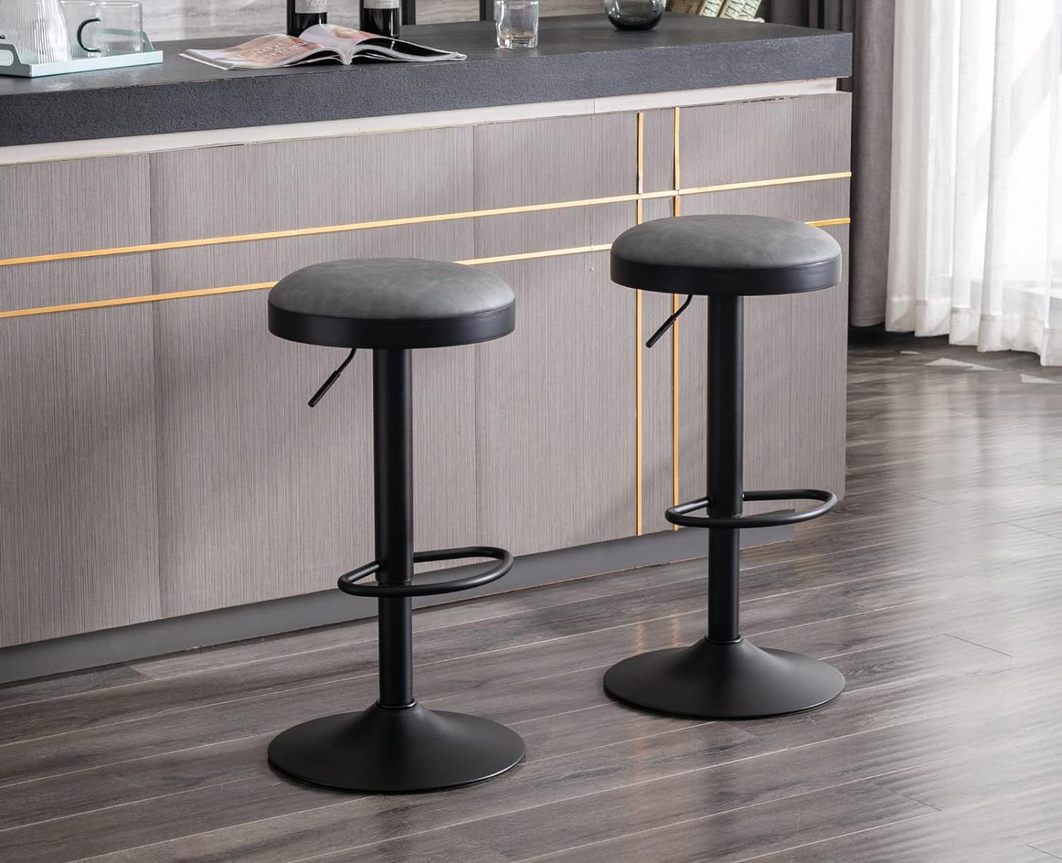 Adjustable Gray Leather and Metal Swivel Bar Stools