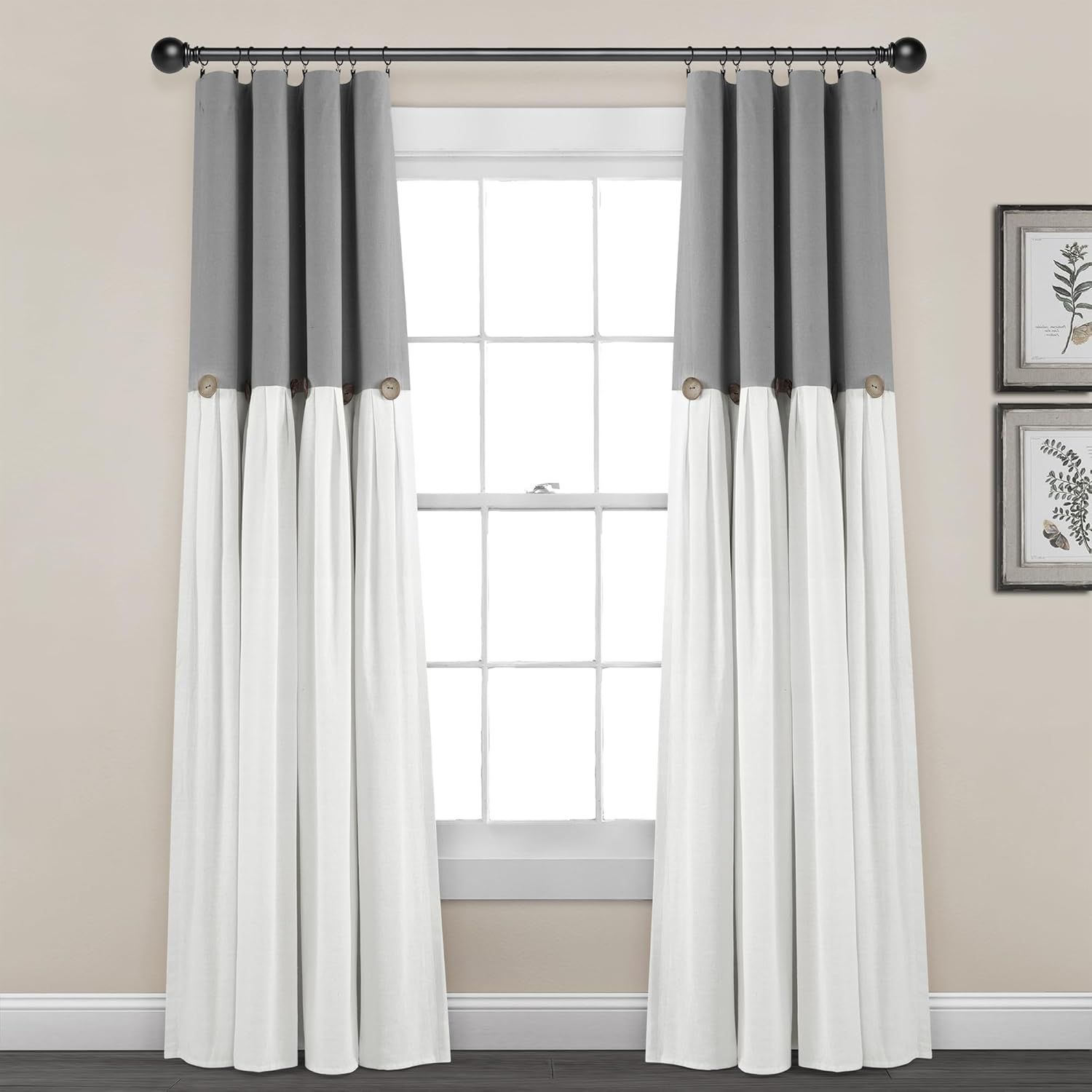 Extended Dark Gray and Off-White Cotton Linen Blackout Drapes