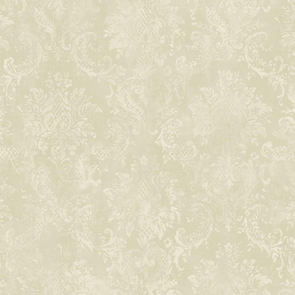 Green and Cream Vinyl Damask Wallpaper