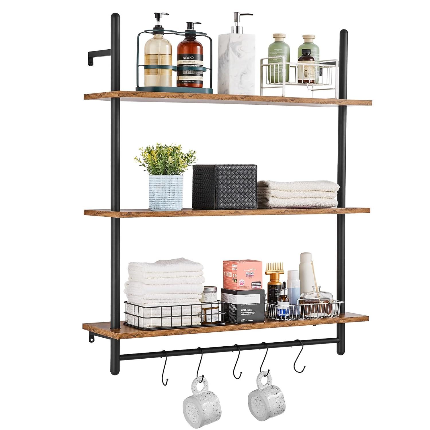 Black Industrial Pipe Shelf with Rustic Wood, 3-Tier Wall-Mount