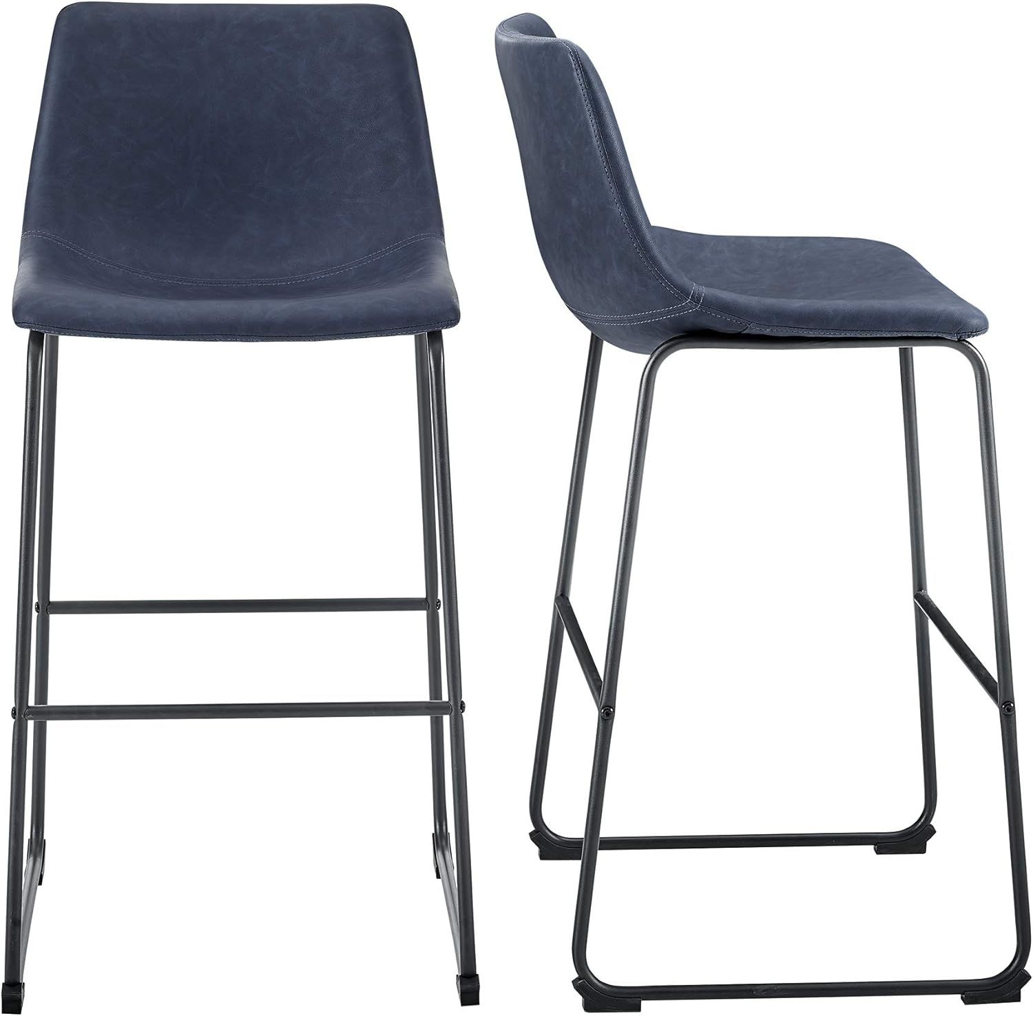 Navy Blue Faux Leather Armless Bar Chairs with Metal Legs, Set of 2